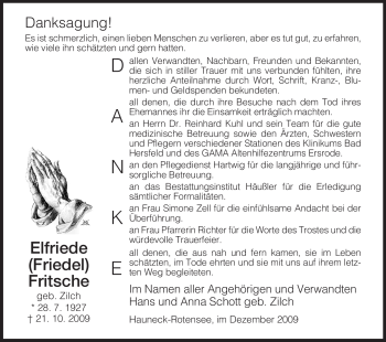 Traueranzeige von Elfriede Fritsche von HERSFELDER ZEITUNG