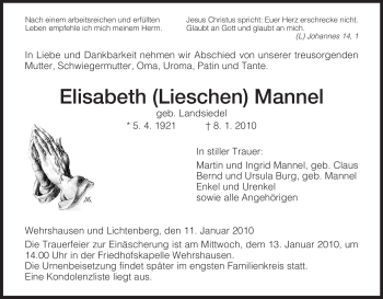 Traueranzeige von Elisabeth Mannel von HERSFELDER ZEITUNG