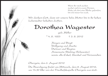 Traueranzeige von Dorothea Wagester von HERSFELDER ZEITUNG