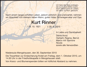 Traueranzeige von Kurt Rinner von HERSFELDER ZEITUNG