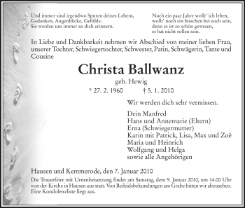 Traueranzeige von Christa Ballwanz von HERSFELDER ZEITUNG