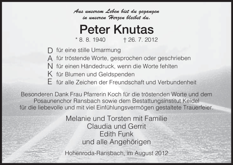  Traueranzeige für Peter Knutas vom 25.08.2012 aus HERSFELDER ZEITUNG
