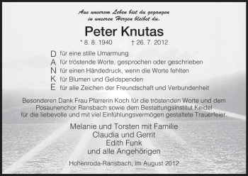 Traueranzeige von Peter Knutas von HERSFELDER ZEITUNG