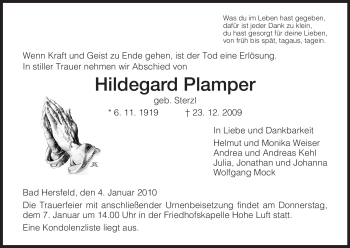 Traueranzeige von Hildegard Plamper von HERSFELDER ZEITUNG