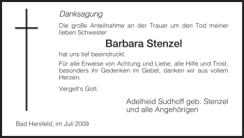 Traueranzeige von Barbara Stenzel von HERSFELDER ZEITUNG