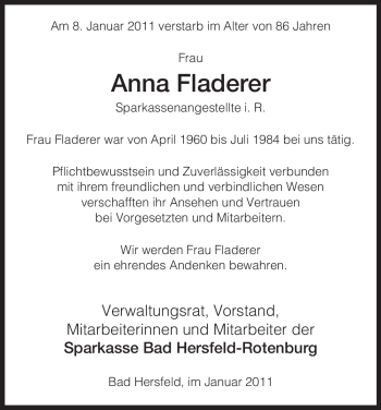 Traueranzeige von Anna Fladerer von HERSFELDER ZEITUNG