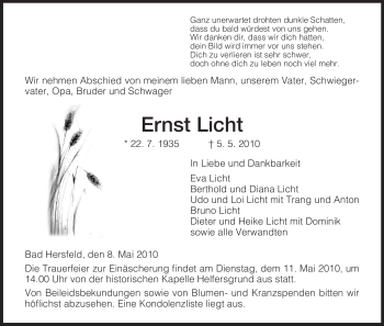 Traueranzeige von Ernst Licht von HERSFELDER ZEITUNG