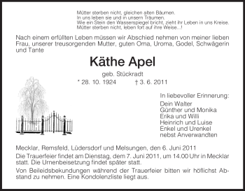 Traueranzeige von Käthe Apel von HERSFELDER ZEITUNG