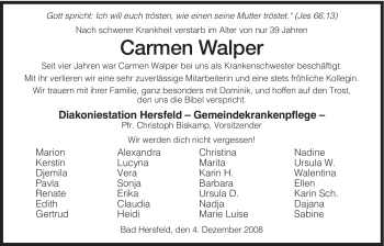 Traueranzeige von Carmen Walper von HERSFELDER ZEITUNG