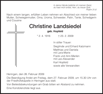 Traueranzeige von Christine Landsiedel von HERSFELDER ZEITUNG