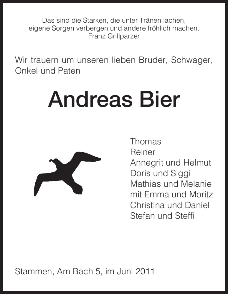  Traueranzeige für Andreas Bier vom 20.06.2011 aus HERSFELDER ZEITUNG