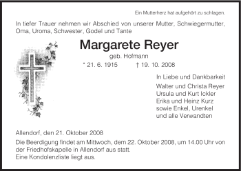 Traueranzeige von Margarete Reyer von HERSFELDER ZEITUNG