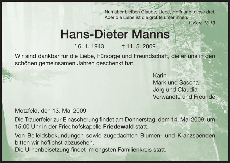  Traueranzeige für Hans-Dieter Manns vom 13.05.2009 aus HERSFELDER ZEITUNG