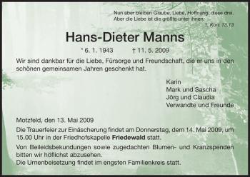 Traueranzeige von Hans-Dieter Manns von HERSFELDER ZEITUNG
