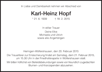 Traueranzeige von Karl-Heinz Hopf von Hersfeld