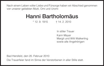Traueranzeige von Hanni Bartholomäus von HERSFELDER ZEITUNG