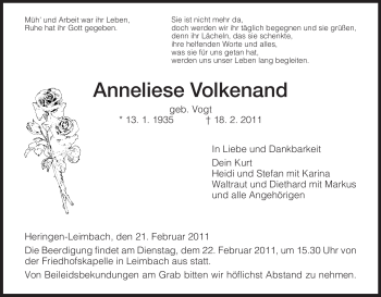 Traueranzeige von Anneliese Volkenand von HERSFELDER ZEITUNG