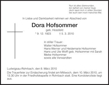 Traueranzeige von Dora Hofsommer von HERSFELDER ZEITUNG