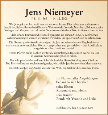 Traueranzeige von Jens Niemeyer von HERSFELDER ZEITUNG