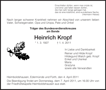 Traueranzeige von Heinrich Kropf von HERSFELDER ZEITUNG