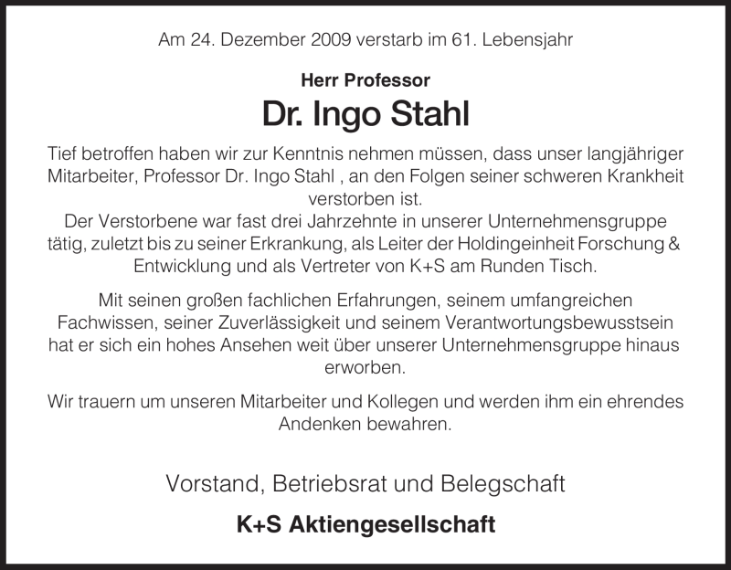  Traueranzeige für Ingo Stahl vom 30.12.2009 aus HERSFELDER ZEITUNG