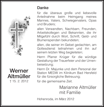 Traueranzeige von Werner Altmüller von HERSFELDER ZEITUNG