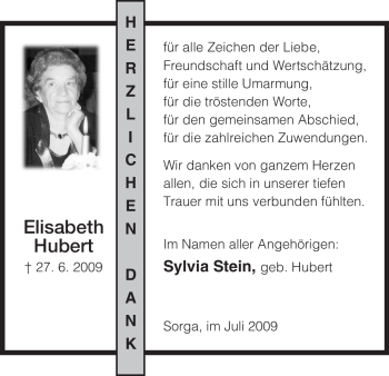Traueranzeige von Elisabeth Hubert von HERSFELDER ZEITUNG
