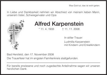 Traueranzeige von Alfred Karpenstein von HERSFELDER ZEITUNG