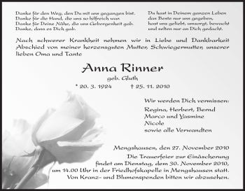 Traueranzeige von Anna Rinner von HERSFELDER ZEITUNG