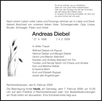 Traueranzeige von Andreas Diebel von HERSFELDER ZEITUNG