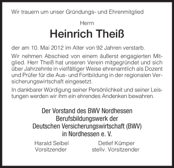 Traueranzeige von Heinrich Theiß von HERSFELDER ZEITUNG