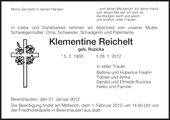 Traueranzeige von Klementine Reichelt von HERSFELDER ZEITUNG