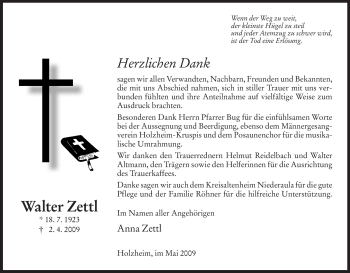 Traueranzeige von Walter Zettl von HERSFELDER ZEITUNG