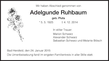 Traueranzeige von Adelgunde Ruhbaum von Hersfeld