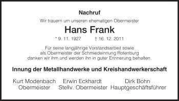 Traueranzeige von Hans Frank von HERSFELDER ZEITUNG