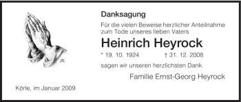 Traueranzeige von Heinrich Heyrock von HERSFELDER ZEITUNG