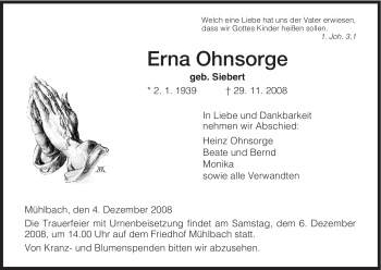 Traueranzeige von Erna Ohnsorge von HERSFELDER ZEITUNG
