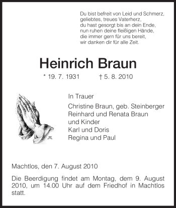 Traueranzeige von Heinrich Braun von HERSFELDER ZEITUNG