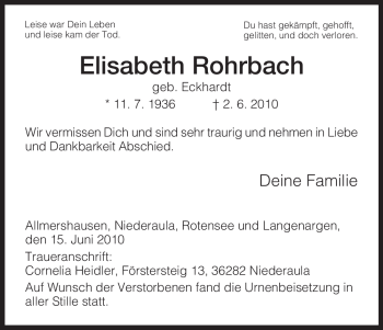 Traueranzeige von Elisabeth Rohrbach von HERSFELDER ZEITUNG