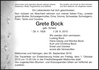 Traueranzeige von Grete Bock von HERSFELDER ZEITUNG