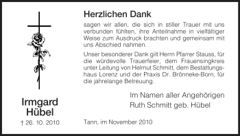 Traueranzeige von Irmgard Hübel von HERSFELDER ZEITUNG