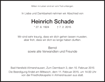 Traueranzeige von Heinrich Schade von Hersfeld
