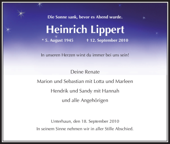 Traueranzeige von Heinrich Lippert von HERSFELDER ZEITUNG