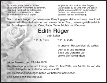 Traueranzeige von Edith Rüger von HERSFELDER ZEITUNG