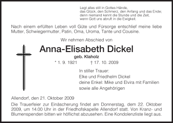 Traueranzeige von Anna-Elisabeth Dickel von HERSFELDER ZEITUNG