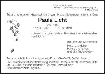 Traueranzeige von Paula Licht von HERSFELDER ZEITUNG