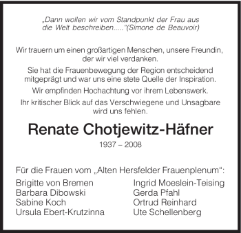 Traueranzeige von Renate Chotjewitz-Häfner von HERSFELDER ZEITUNG