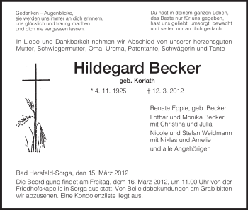 Traueranzeige von Hildegard Becker von HERSFELDER ZEITUNG