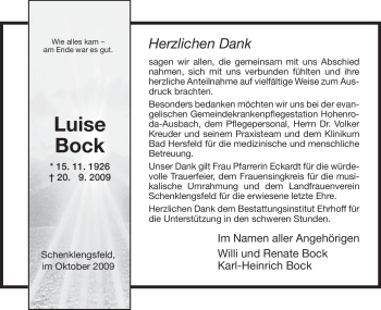 Traueranzeige von Luise Bock von HERSFELDER ZEITUNG