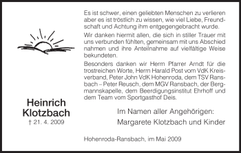 Traueranzeige von Heinrich Klotzbach von HERSFELDER ZEITUNG